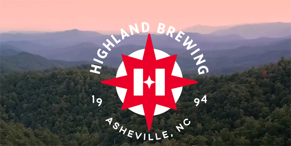 Highland Brewing taproom with bar, lights, and guests enjoying drinks